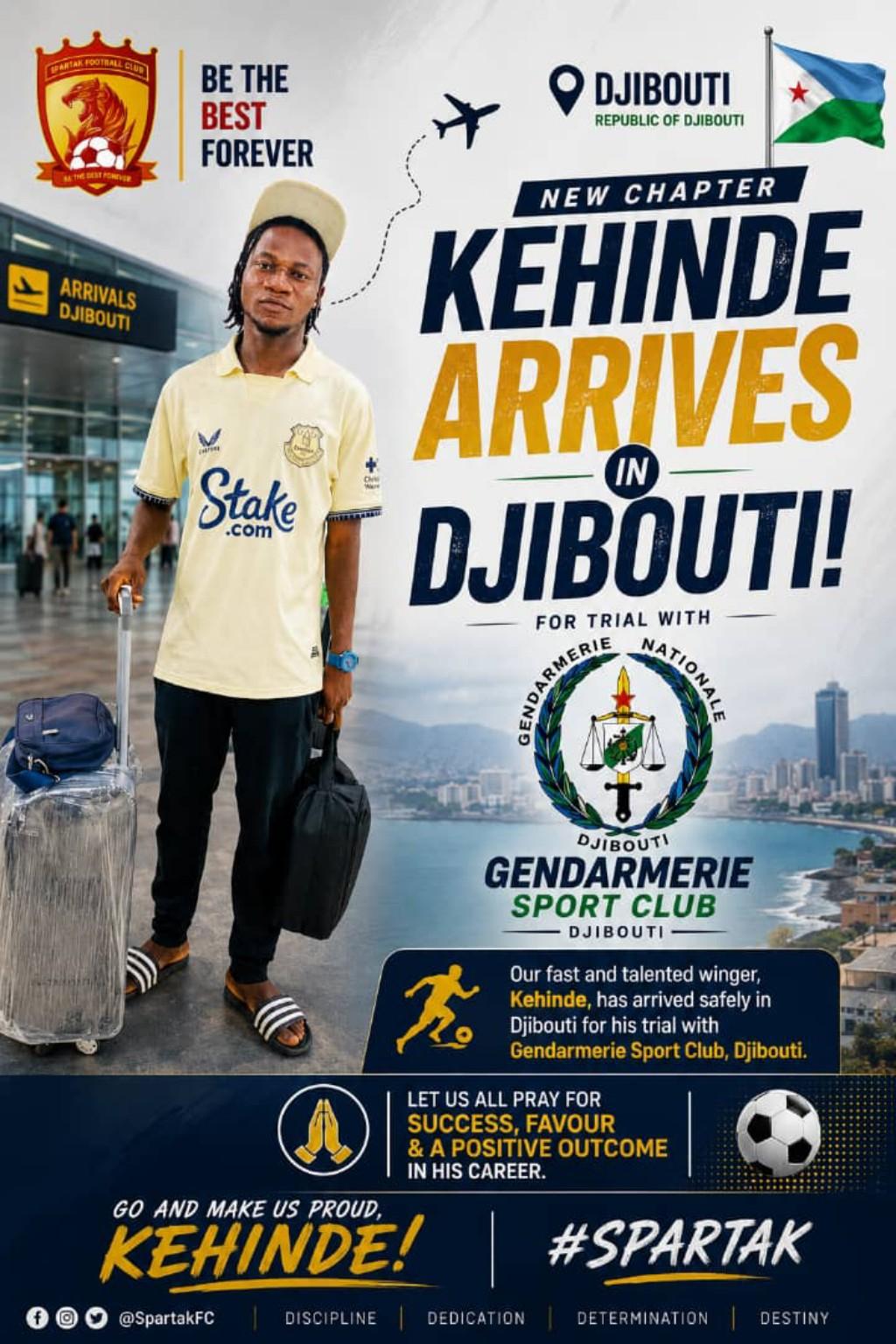 Club artwork showing Kehinde arriving in Djibouti for his trial with Gendarmerie Sport Club