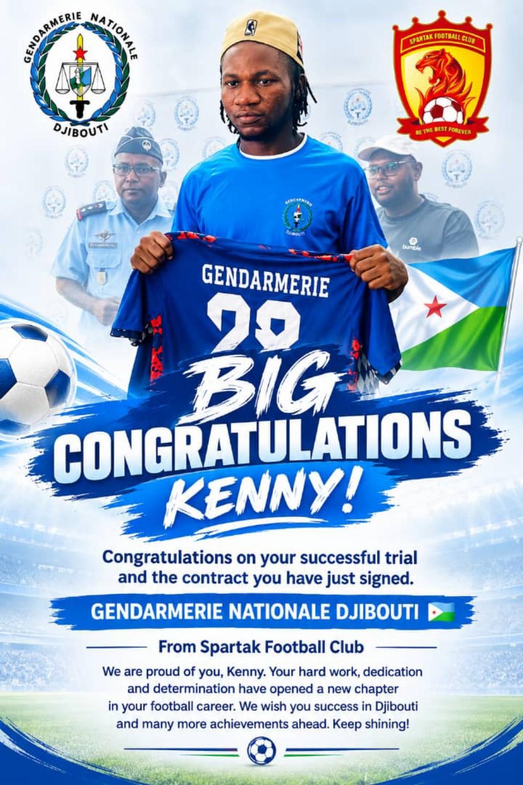 Kehinde holding the Gendarmerie shirt in the club's signing announcement, which names him Kenny